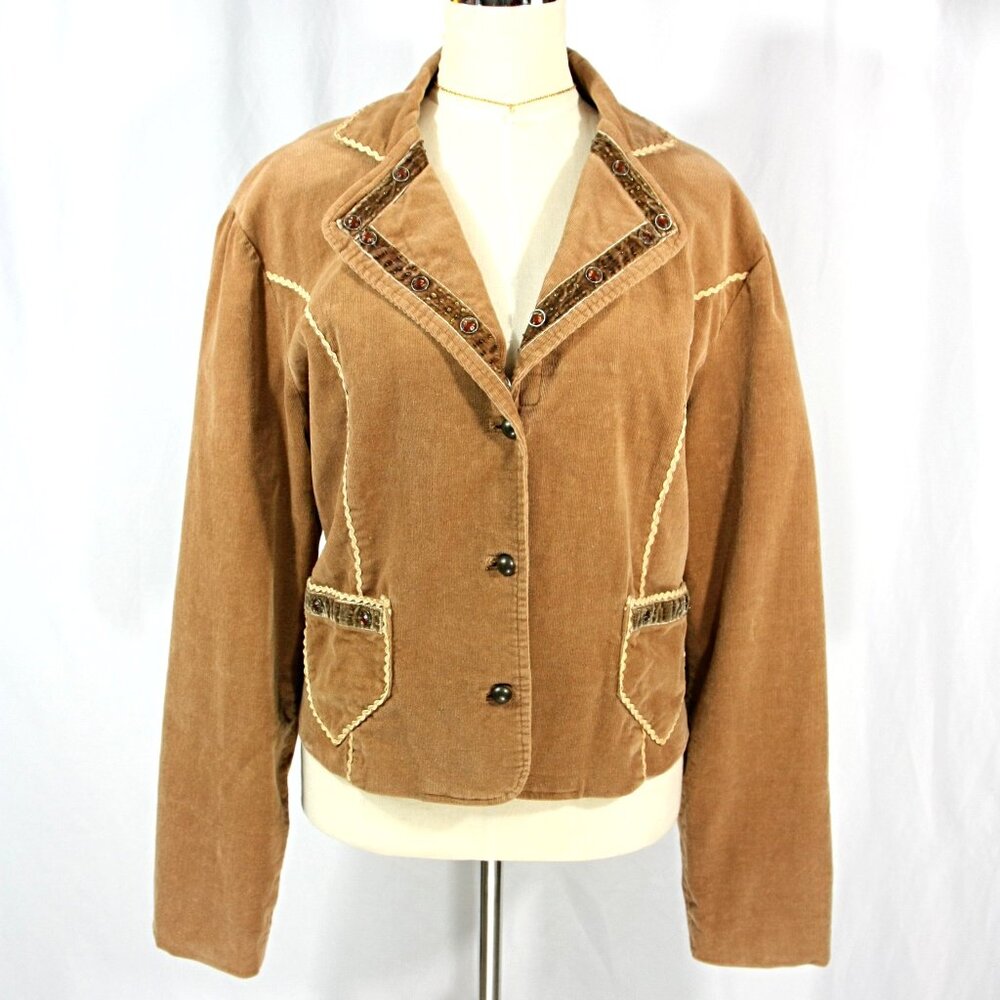 Coast to Coast Beaded Corduroy Three Button Blazer Jacket w Pockets Tan M